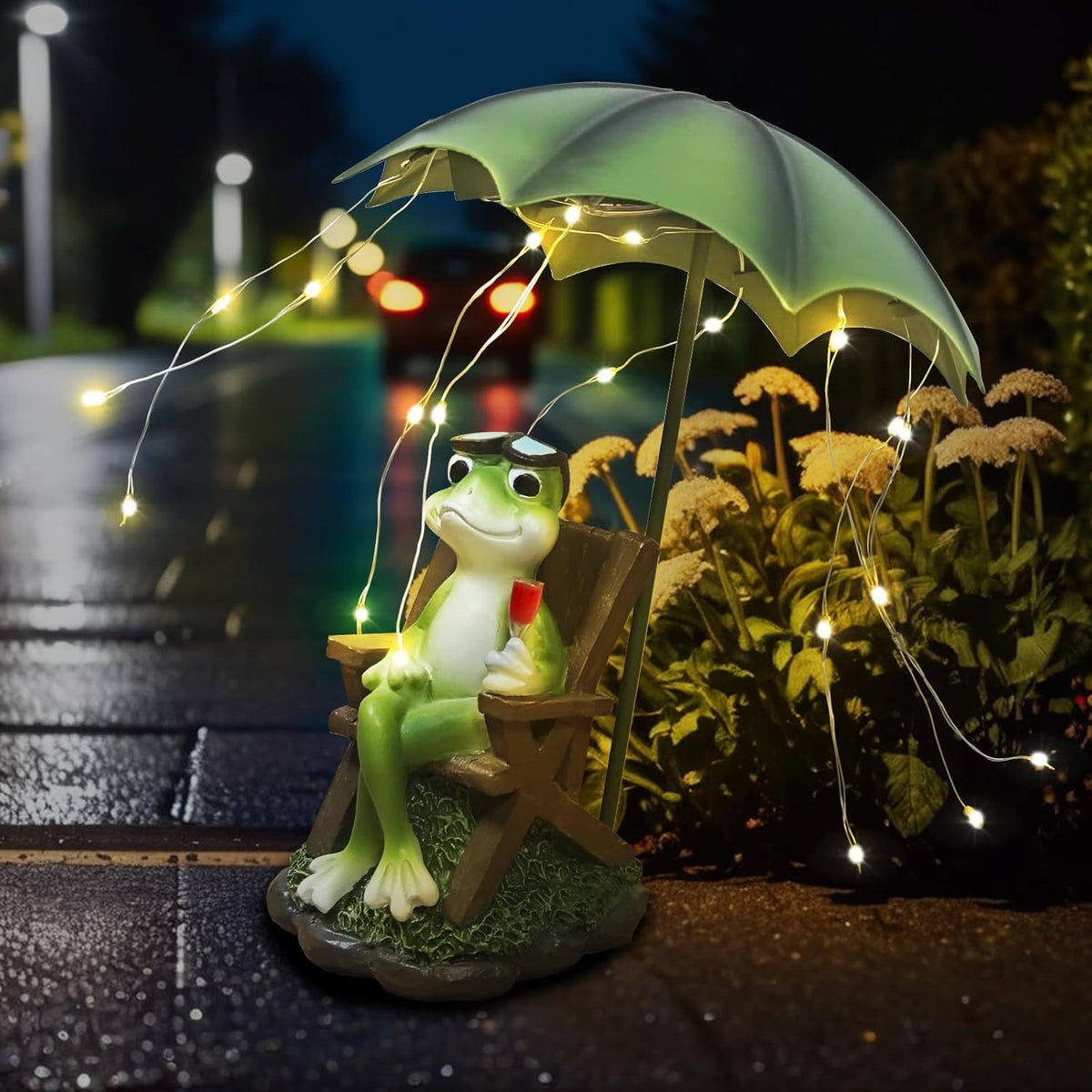 Solar Frog Outdoor Garden Statues Yard Decor - Solar Lantern LED Red Wine Frogs Umbrella Figurine