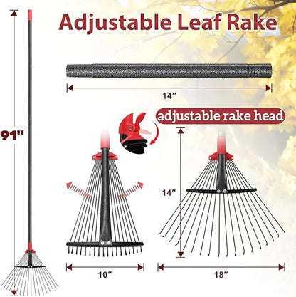 91 Inch Rake for Leaves , Adjustable 18 Tines with Expandable Head 9-18in Grass Rake Heavy Duty
