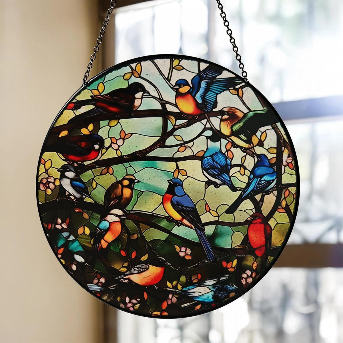 Colorful Hummingbird Suncatcher -7.9 in Stained Glass Window Hanging Sun Catcher Garden Decor