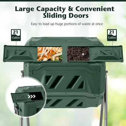 Goplus Compost Bin, Outdoor 42-Gal Dual Chamber Composting Tumbler w/2 Sliding Doors, Heavy-Duty