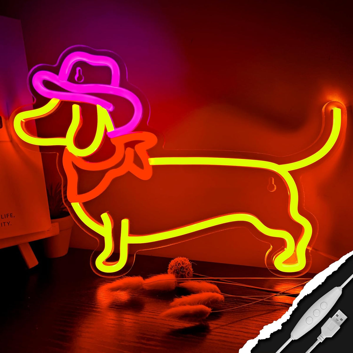 Dachshund Neon Sign Dog Neon Signs for Wall Decor Cute Puppy with Cowboy Hat Led Light Sign for Pet