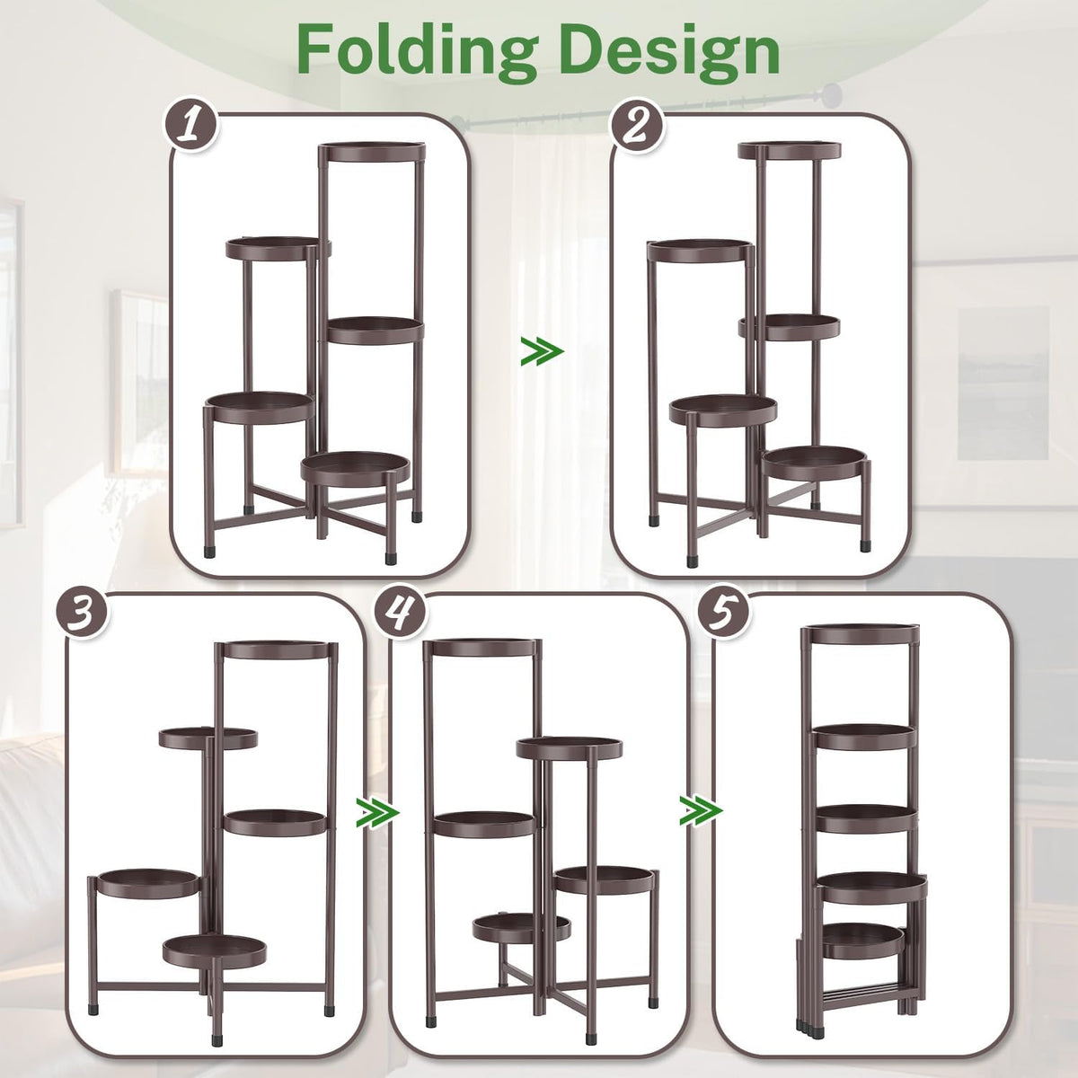 iDavosic.ly Plant Stand Indoor Outdoor, 5 Tier Corner Metal Flower Display Holder Shelf, Folding