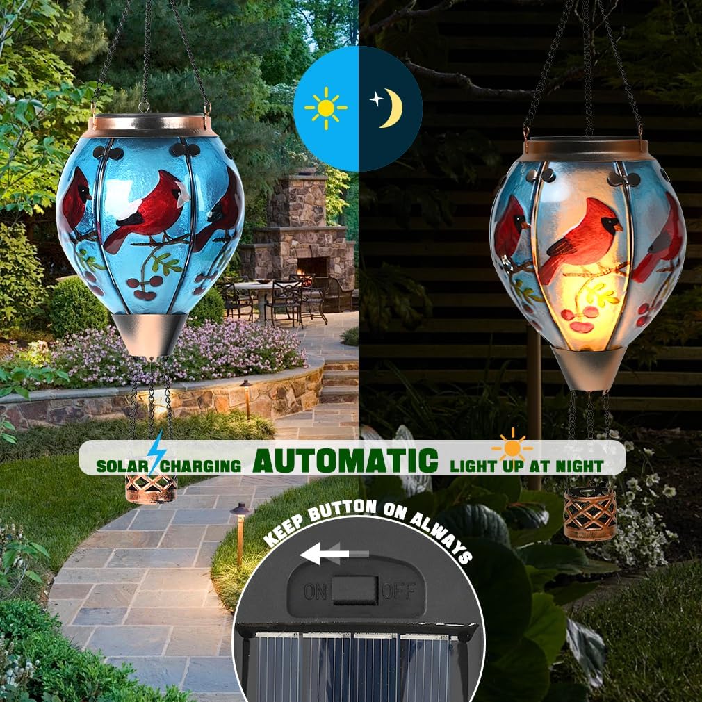 Hot Air Balloon Solar Lantern - Cardinal Bird Glass Lantern, Simulated Flickering & Dancing Flame