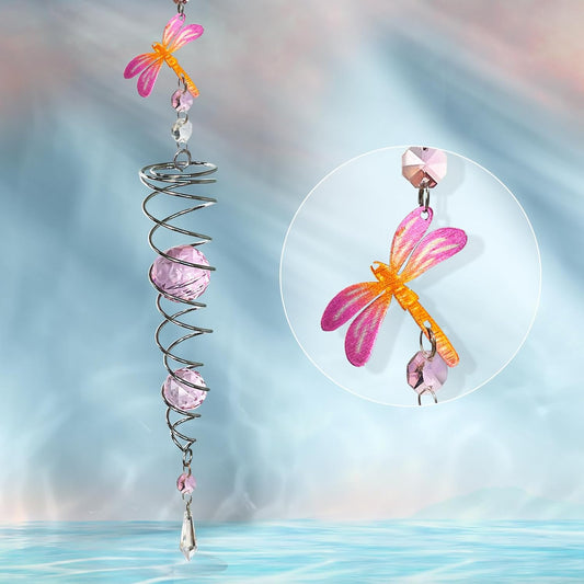 FONMY Dragonfly Gazing Ball Spiral Wind Spinner Sun Catcher Rainbow Maker Silver Spiral W/Pink K9