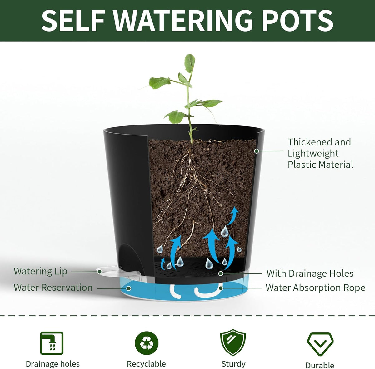 4 Inch 10 Pack Small Self Watering Pots for Indoor Plants, Nursery Pot with Drainage Holes and