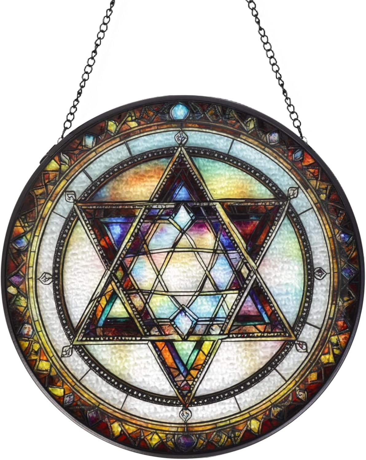 Star of David Handmade Stained Glass Window Hanging Suncatcher with Chain - 7.9" Outdoor/Indoor Art