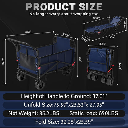 LEVELEVE Heavy Duty Folding Wagon - 2-in-1 Collapsible Cart, 650lb Capacity, All-Terrain Wheels