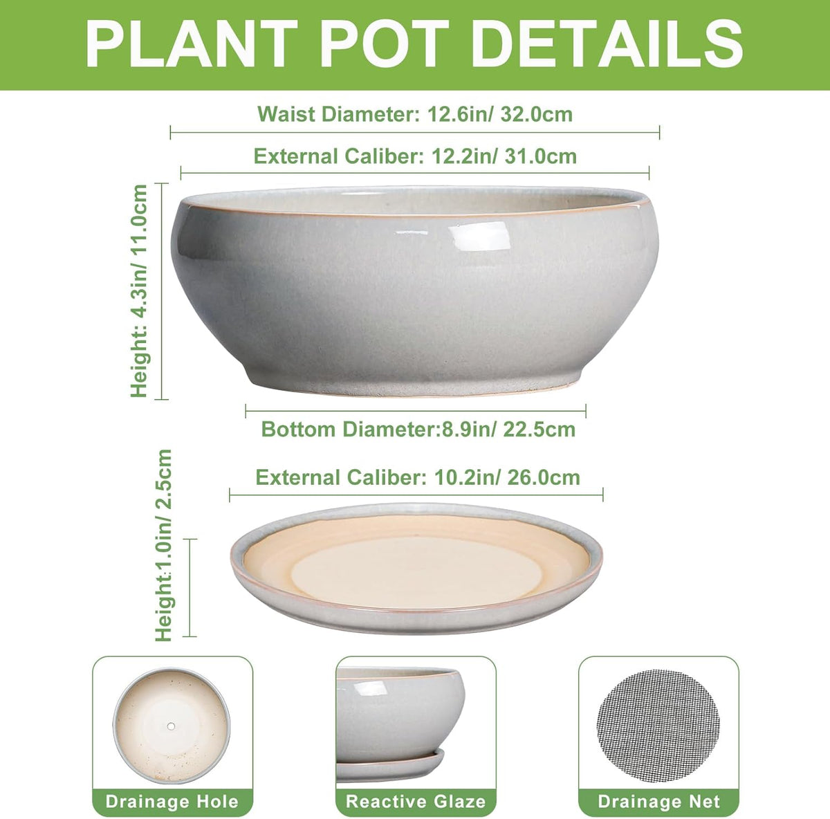 SQOWL 12 Inch Bonsai Pots - Large Ceramic Succulent Pots with Drainage Hole and Saucer, Shallow