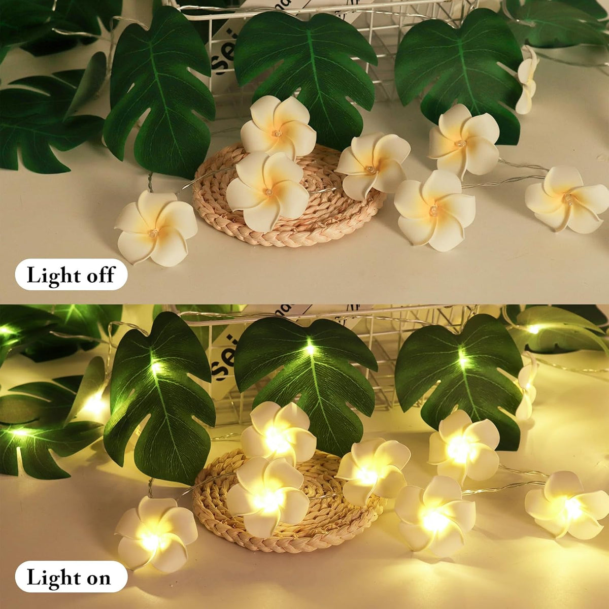 RECUTMS Monstera Leaf String Lights Artificial Foam Plumeria Tropical Palm Leaves Flower 40 LED