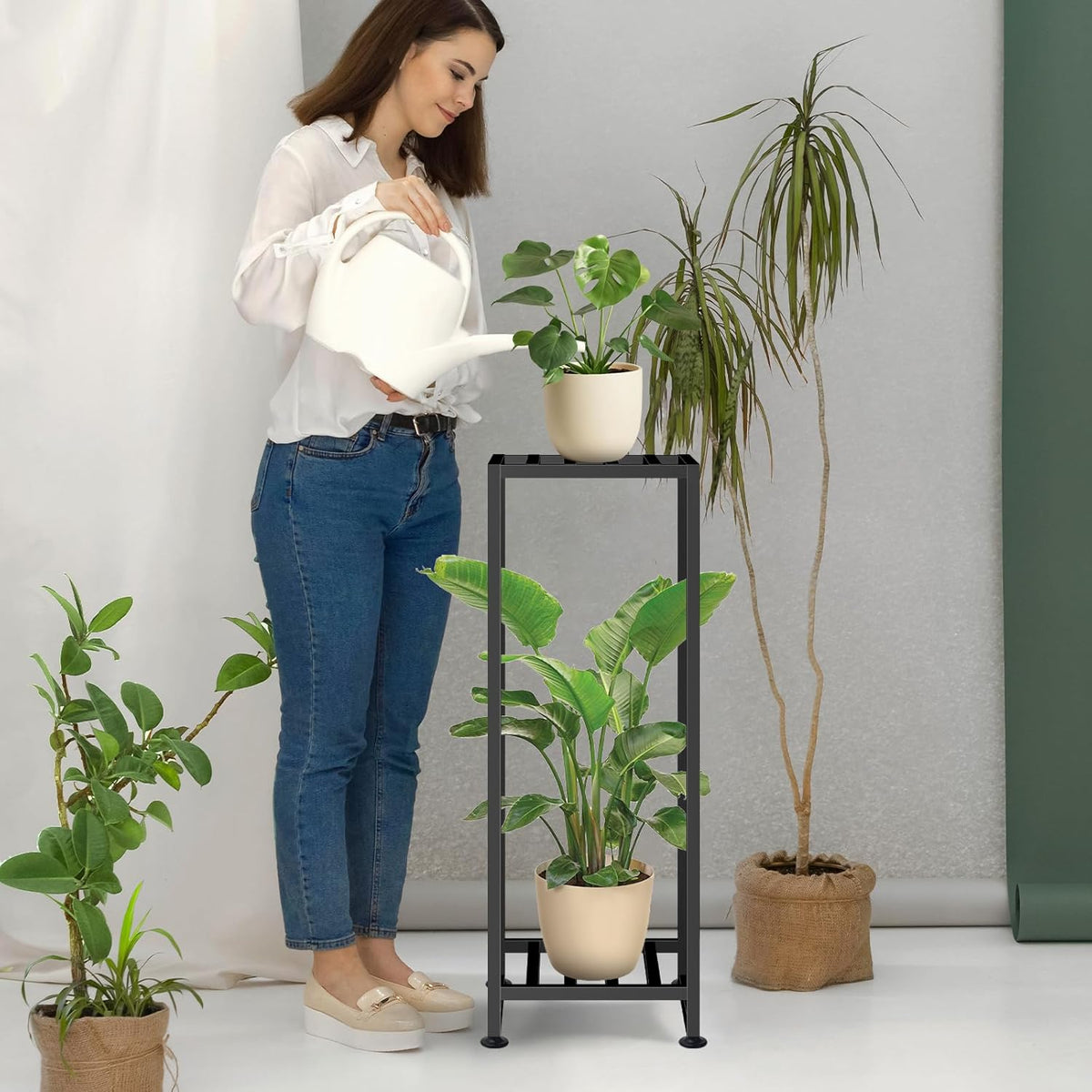 Plant Stand Indoor Outdoor, Wrought Iron Plant Stands 2 Tier Heavy Duty Metal Pedestal Stand