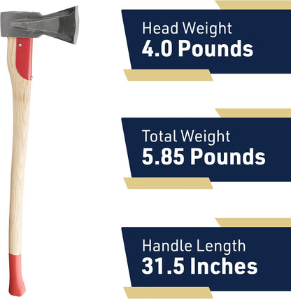 Kings County Tools Professional Splitting Maul | 31" Red Steel Hickory Handle | Prevents Jams in