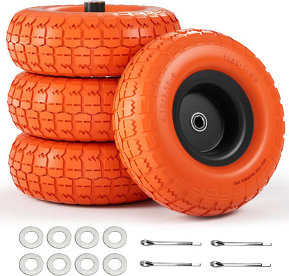 【UPGRADED】4.10 3.50-4 Tire and Wheel, 10 Inch Flat Free Tires 4 Pack with 5/8” Axle Bore Hole and
