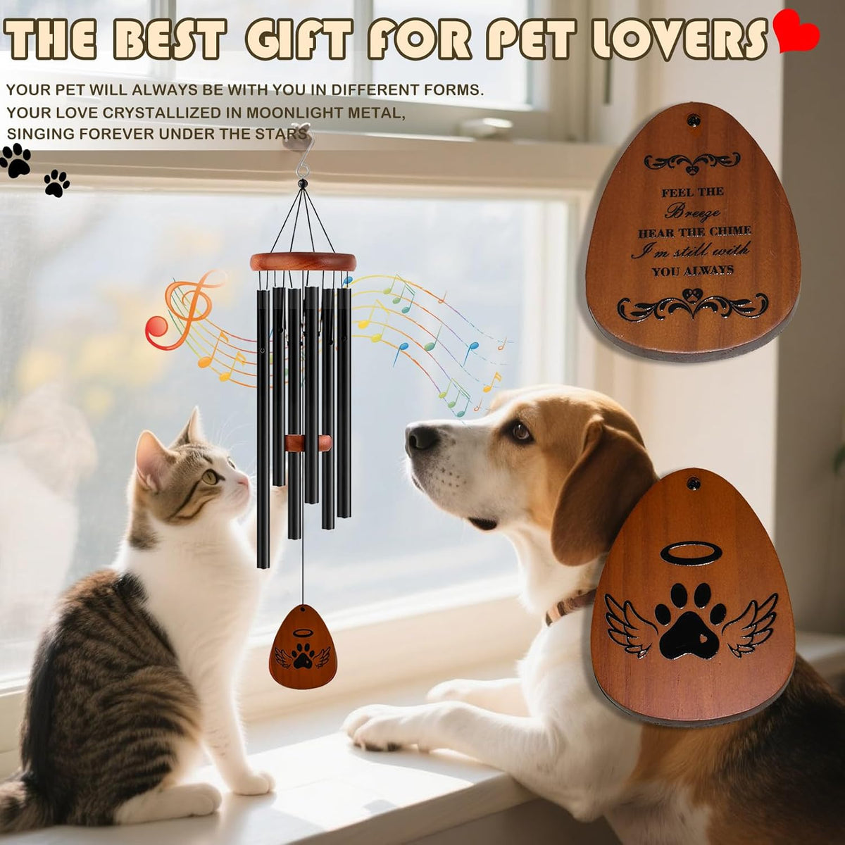 Pet Memorial Wind Chime Gift Set with Bracelet, Wooden Ornament and Sympathy Card, Black&Golden