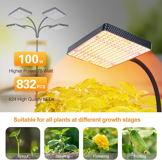 4-Head Grow Light with Stand 100W, FECiDA 2025 Grow Lights for Indoor Plants, Full Spectrum LED
