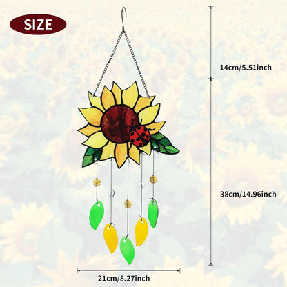 Stained Glass Suncatcher, Sunflower and Ladybug Window Hanging, 20 x 8 inches, Hand-Painted (Style