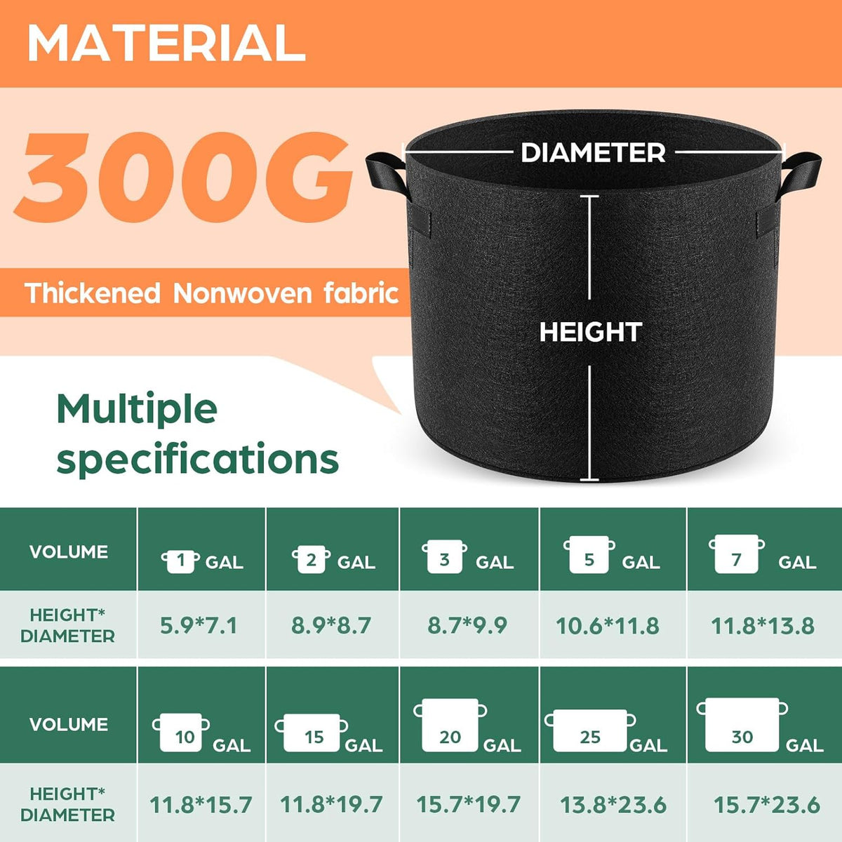 5 Pack 5 Gallon Grow Bags, Thickened Nonwoven Fabric Planter Pots with Handles, Heavy Duty 300G