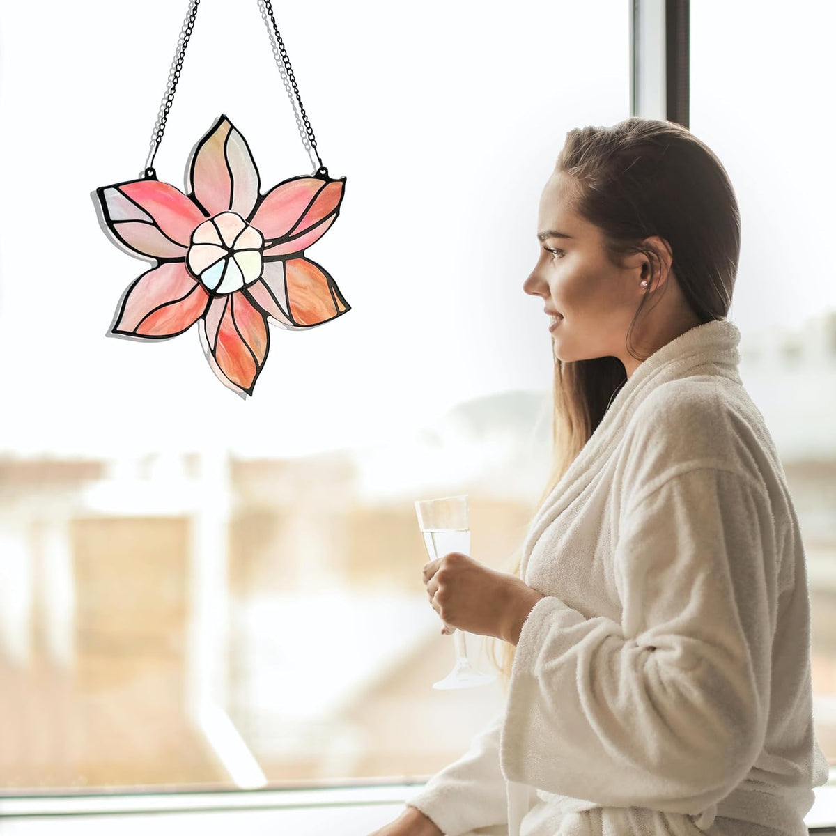 Stained Glass Window Hanging - Pink Flowers Suncatchers for Windows Hanging Floral Sun Catcher for
