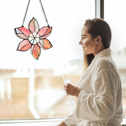 Stained Glass Window Hanging - Pink Flowers Suncatchers for Windows Hanging Floral Sun Catcher for