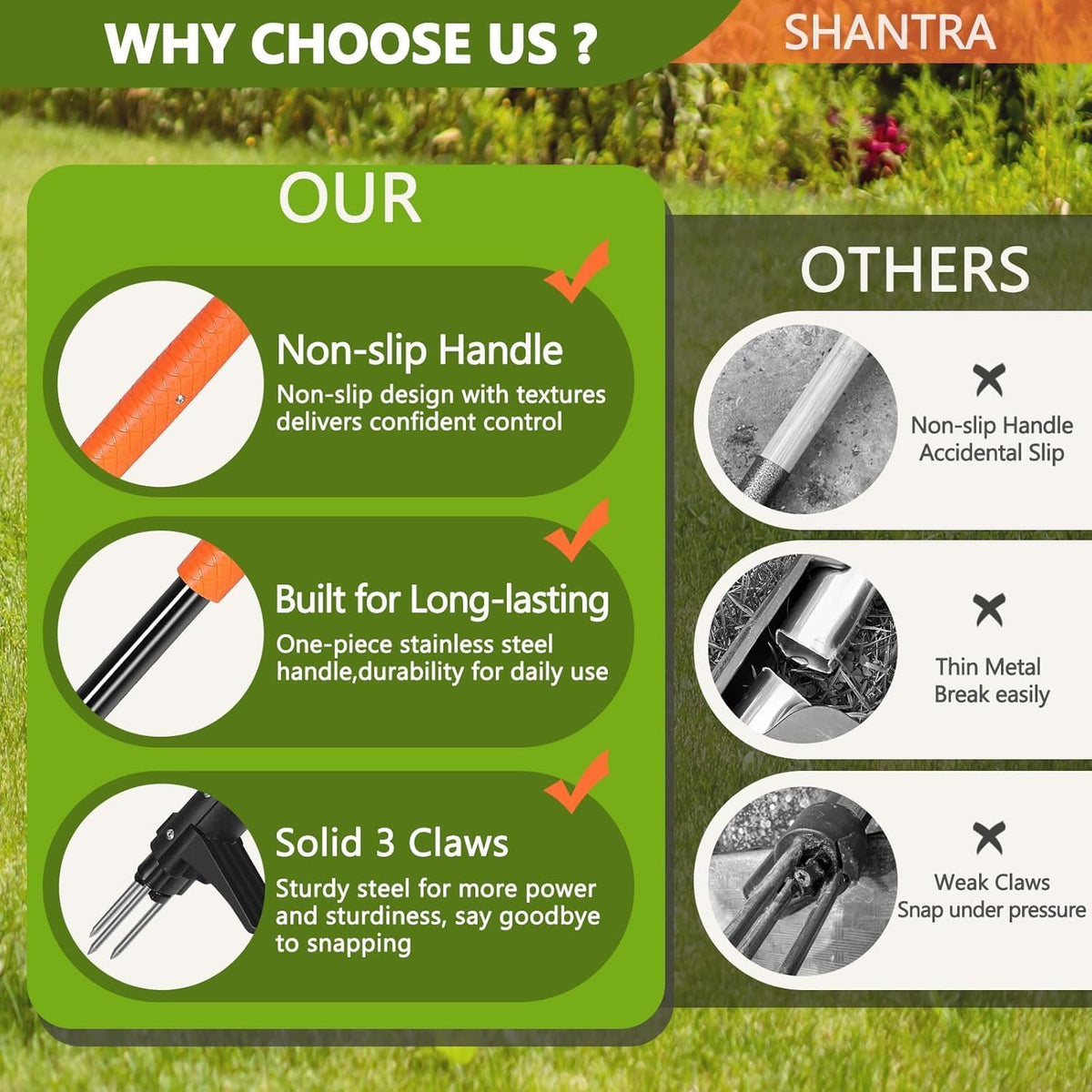 SHANTRA Weed Puller Tool, 3-Claw Stand Up Weed Puller Tool with Long Handle, Garden Weeder Puller