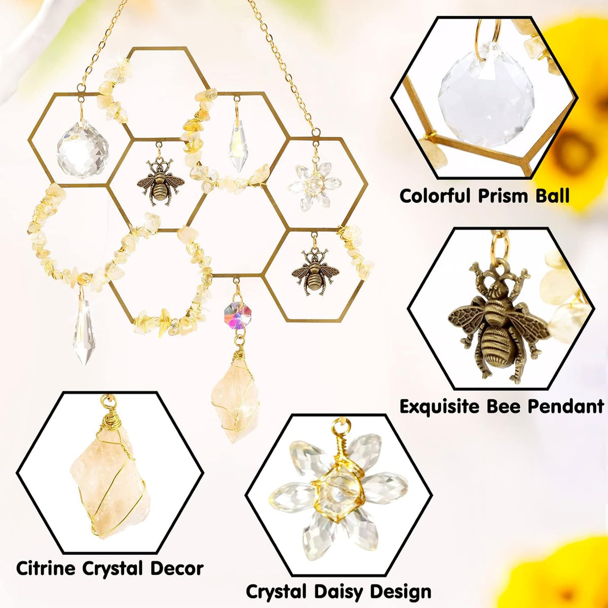 Tuitessine Crystals Suncatcher Window Hanging Bumble Bee Decor Honeycomb Light with Crystal Glass