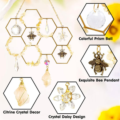 Tuitessine Crystals Suncatcher Window Hanging Bumble Bee Decor Honeycomb Light with Crystal Glass