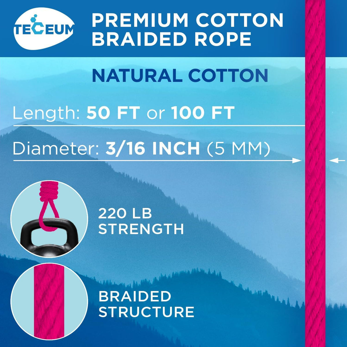 TECEUM Cotton Rope 3/16” (5 mm) – 100 FT – Strong All-Purpose Braided Rope – Natural Cotton – for