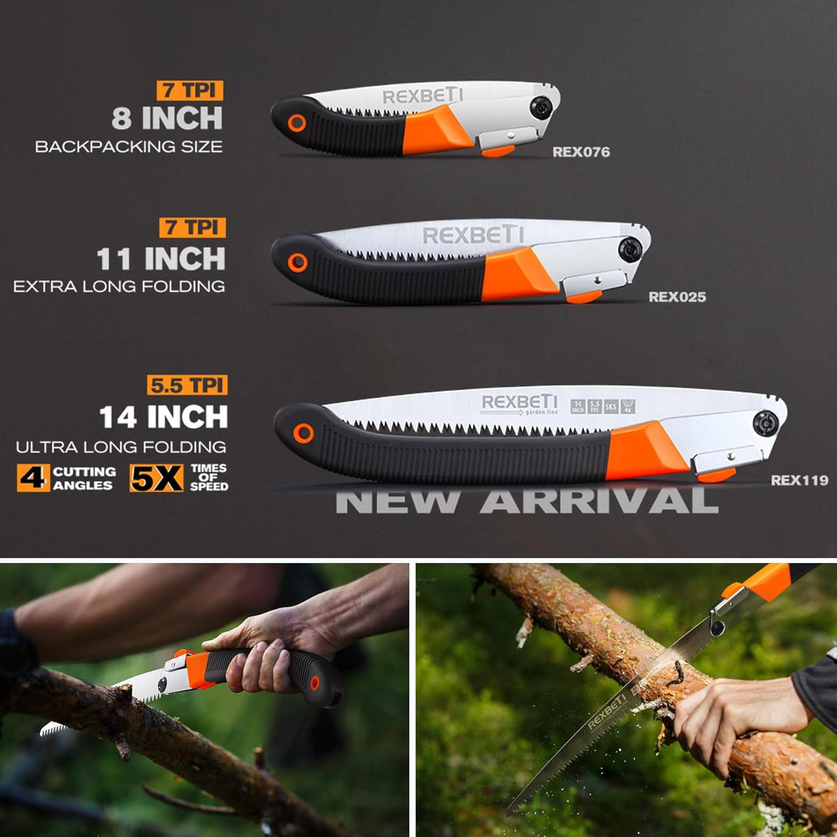 REXBETI Folding Saw, 14 Inch Blade for Dry Wood Trimming and Pruning, 4 Cutting Angles, SK-5 Steel
