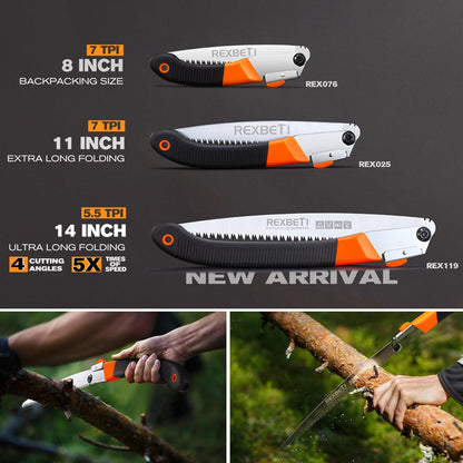 REXBETI Folding Saw, 14 Inch Blade for Dry Wood Trimming and Pruning, 4 Cutting Angles, SK-5 Steel