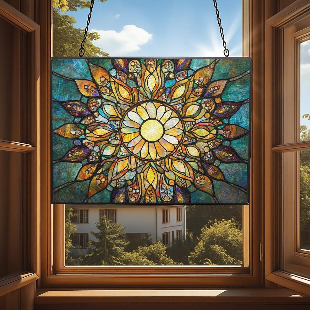 Customized Rectangle Boho Mandala Sunburst Stained Glass Suncatcher Window Hangings, Stained Glass