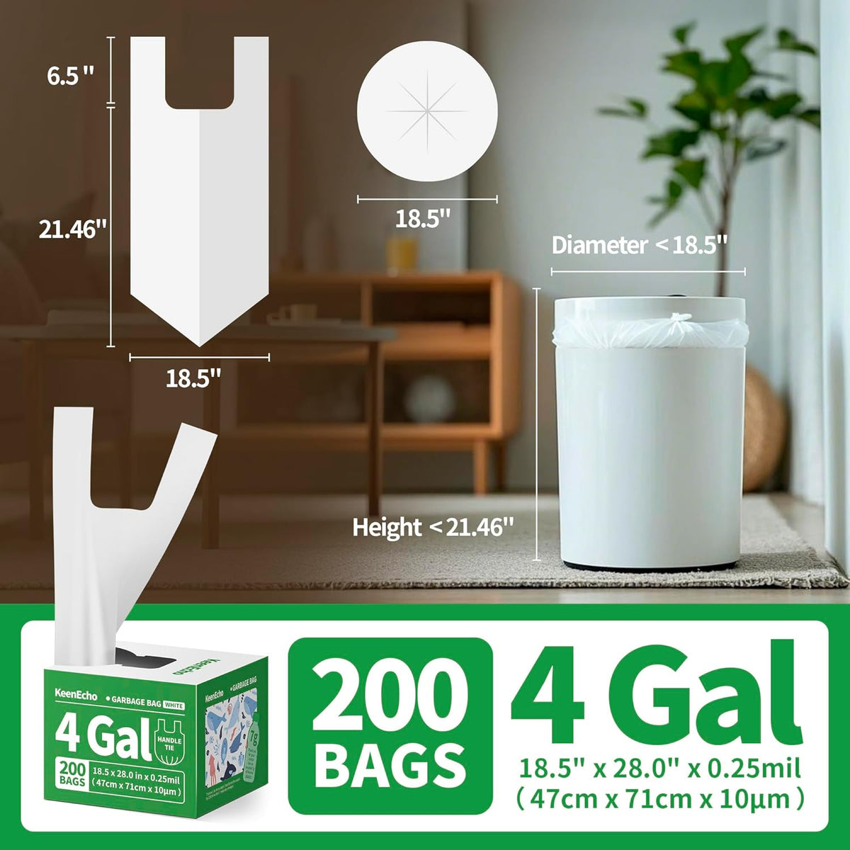 Small Trash Bags with Handles 4 Gallon 200 Count White - Ocean Plastic Upcycling - Plastic Garbage