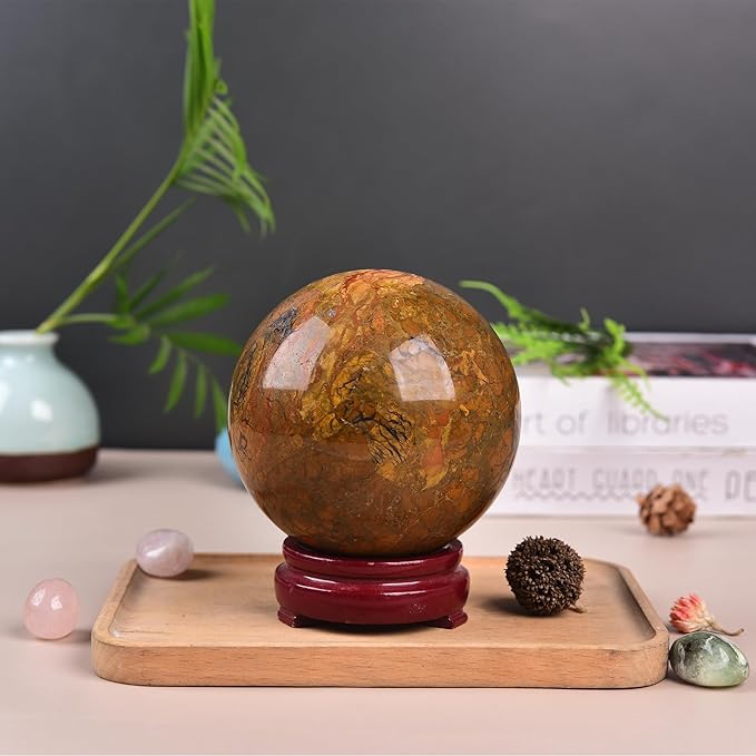 JIC Gem Large Crystal Ball Sphere Yellow Agate Healing Crystal Gemstone Ball with Display Stand