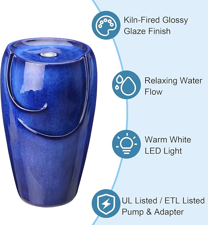 Glitzhome Ceramic Vase Outdoor Water Fountain Tall Patio Garden Water Fountain with LED Light and