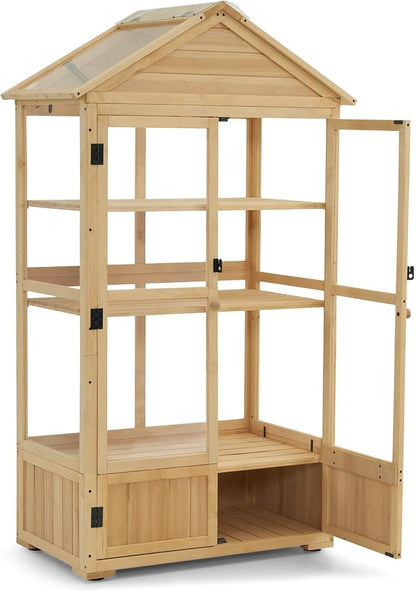 Macrout 3-Tier Solid Wood Cold Frame Greenhouse Cabinet Adjustable Shelves, Dual-Use Insulated Shed