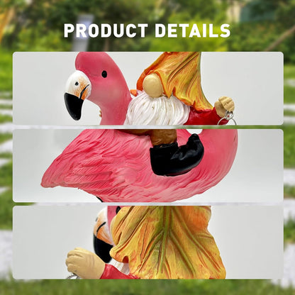 Gnomes Flamingo with Solar Lantern, Whimsical Decor for Garden, Yard, Patio, Lawn, LED Lights