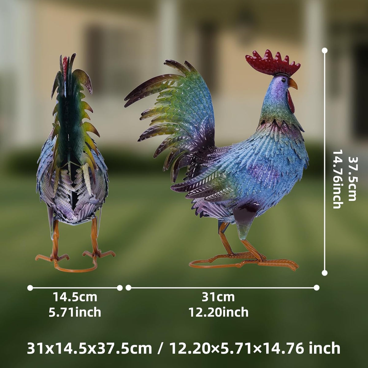 Metal Chicken Garden Sculptures & Statues,Vivid Lawn Ornaments for Garden Decorations Outdoor, Blue