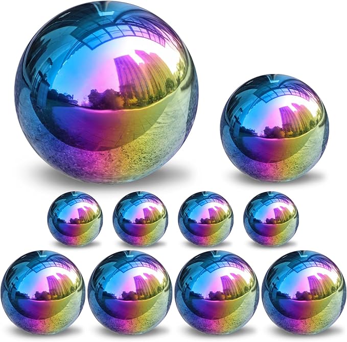 yarlung Set of 10 Stainless Steel Rainbow Gazing Balls, 50-150 mm Garden Mirror Globe Floating Pond