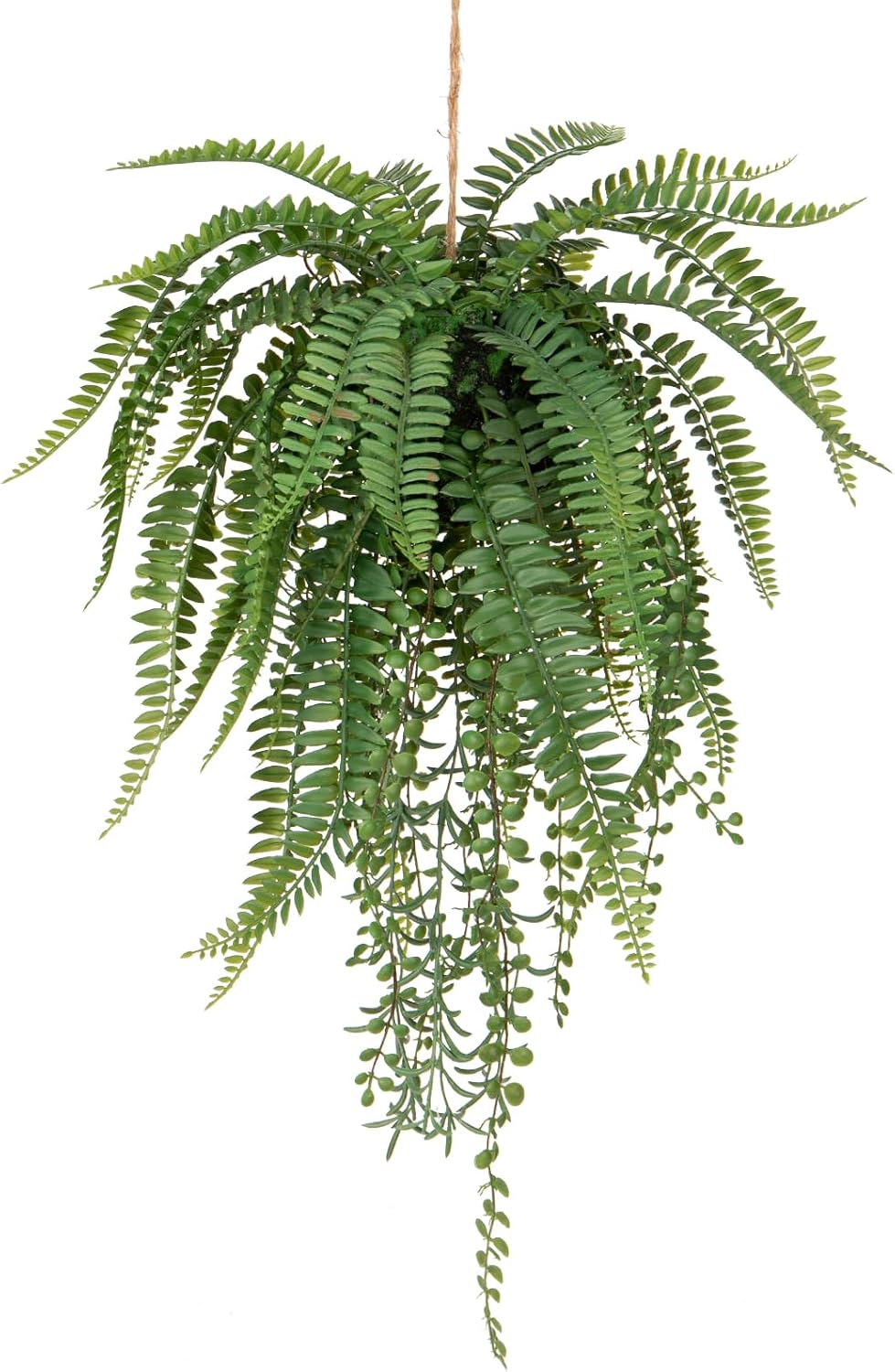 Large Mixed Fern Faux Hanging Plants, Realistic Artificial Plants with Hemp Rope Moss, Indoor for