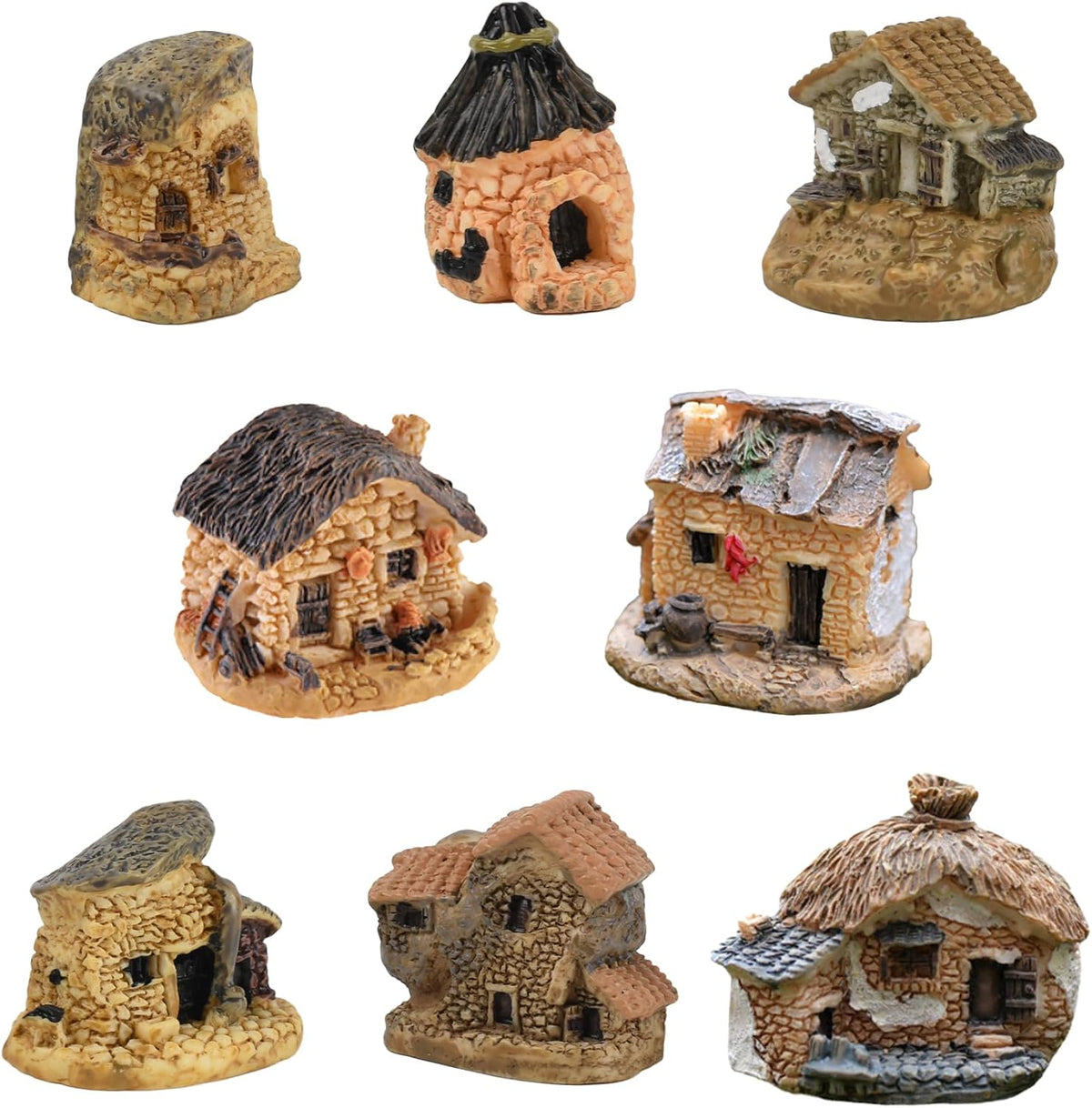 Mini House Figurine 8PCS, Mini Cottage Miniature Gardening Landscape Micro Village Stone Houses