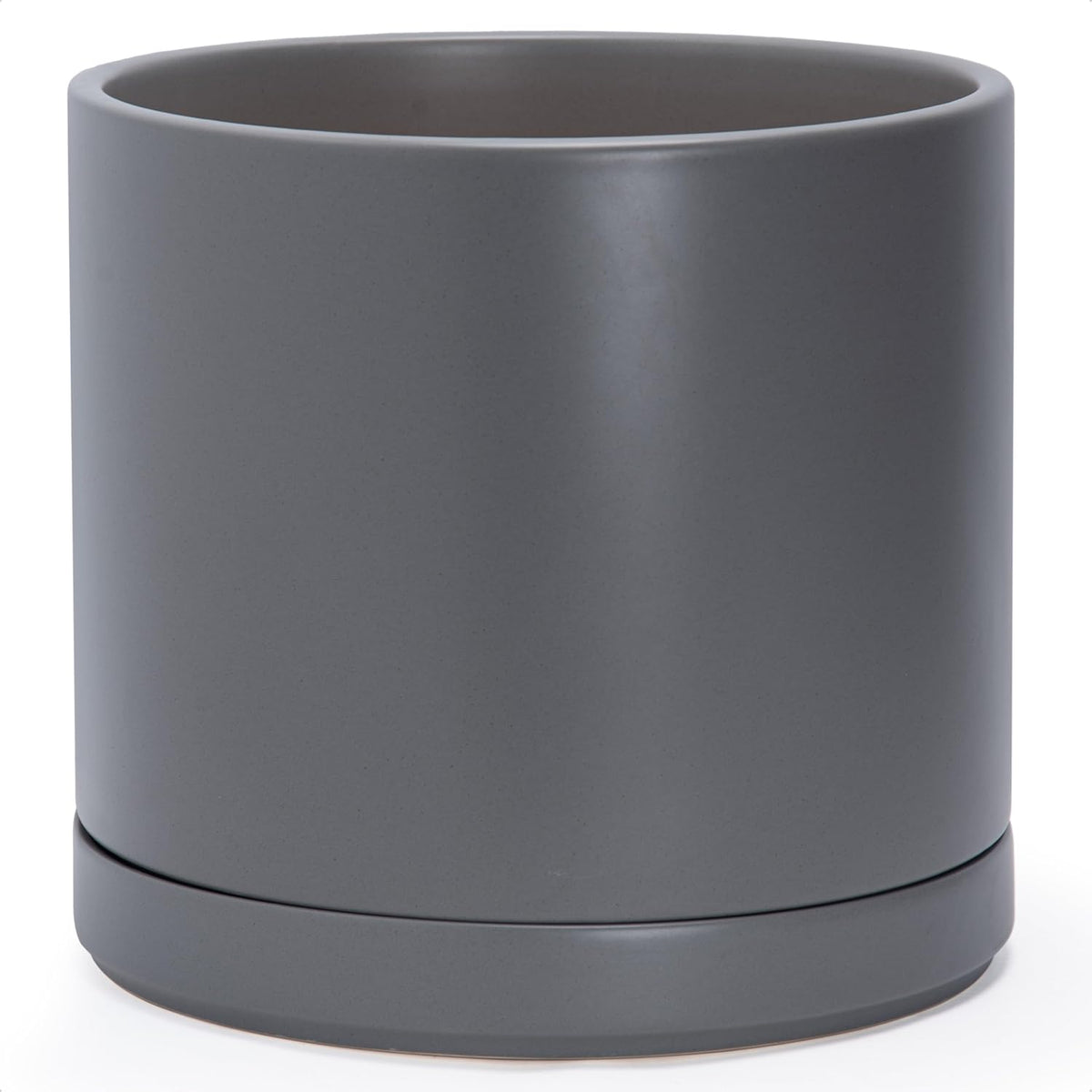 D'vine Dev 14 Inch Ceramic Planter Pot with Drainage Hole and Saucer, Indoor Cylinder Round Planter