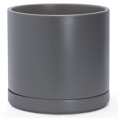 D'vine Dev 14 Inch Ceramic Planter Pot with Drainage Hole and Saucer, Indoor Cylinder Round Planter