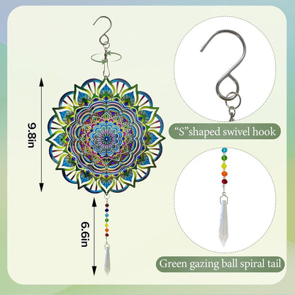 Mandala Wind Spinners Outdoor with Gazing Ball Spiral Tail, Marzovitra Stainless Steel 3D Kinetic