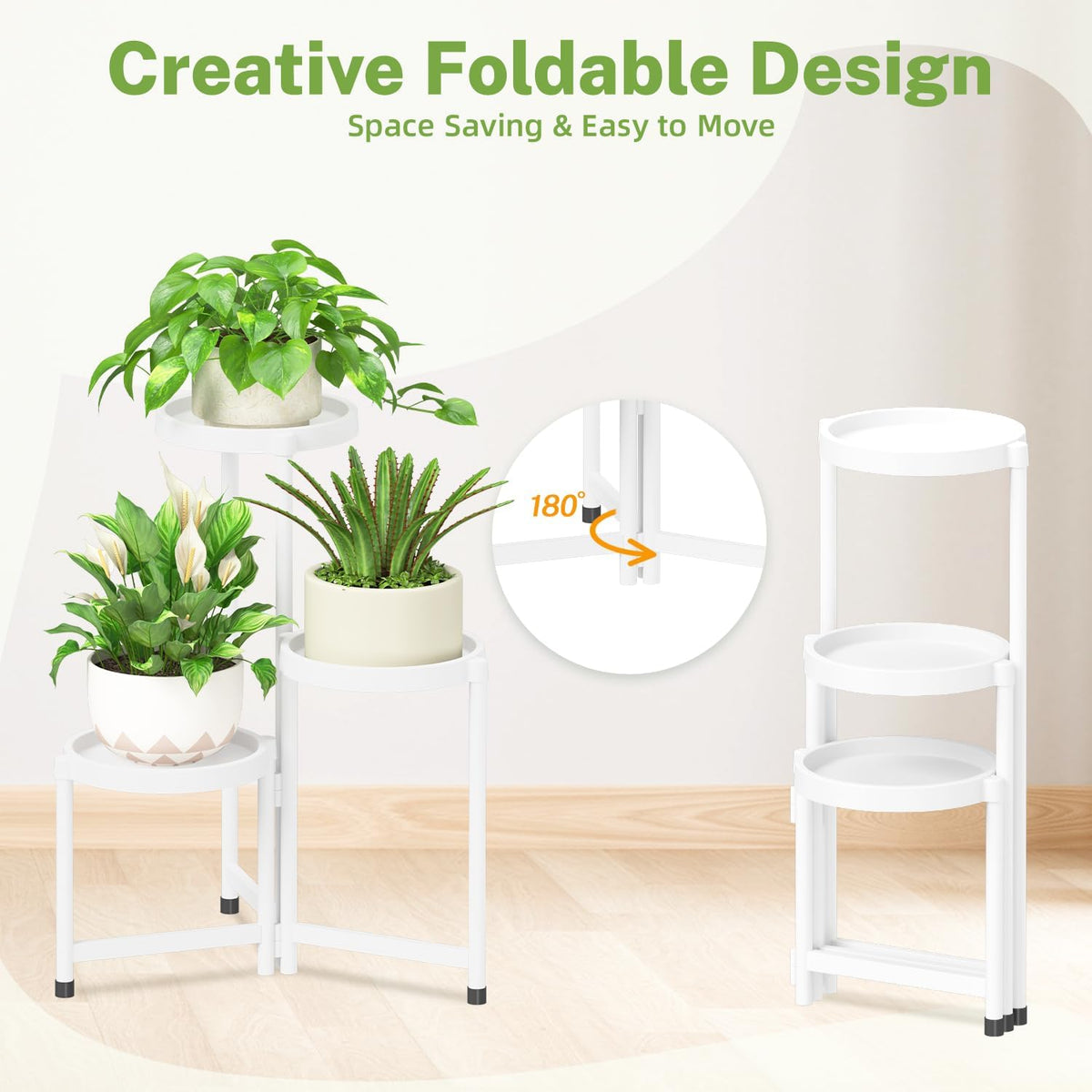 iDavosic.ly 3 Tier Folding Plant Stand Indoor Outdoor with Plastic Tray, Tiered Corner Flower