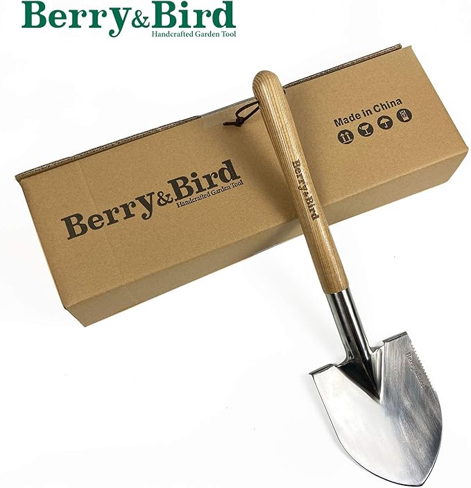 Berry&Bird Short Hand Shovel, 19.8’’ Digging Trowel for Gardening with Wood Handle Stainless Steel