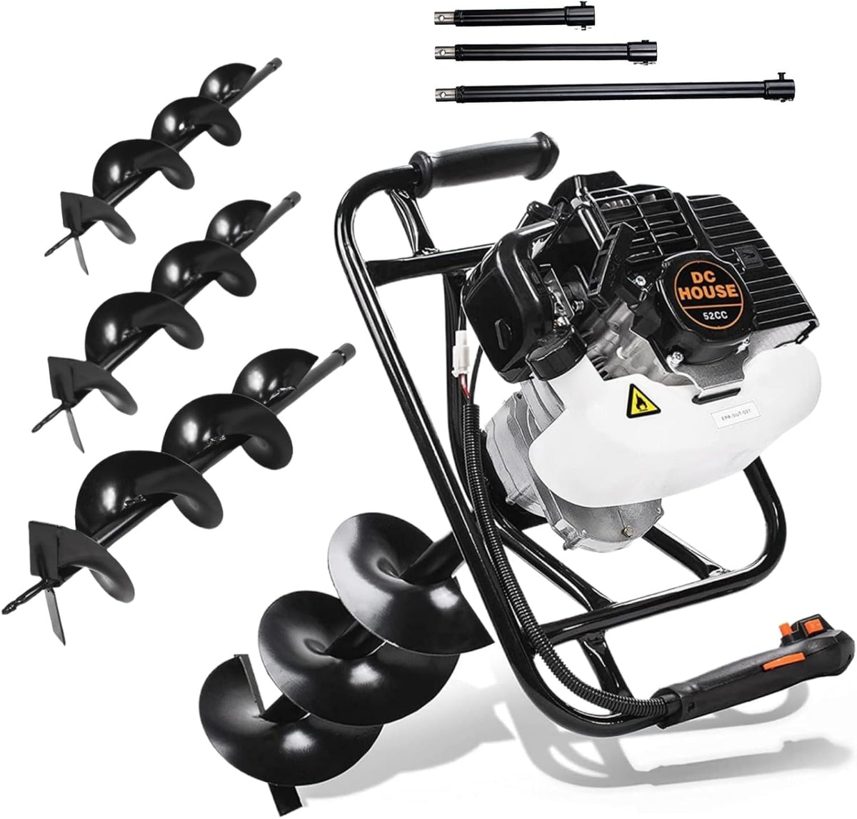 DC HOUSE 52cc 1800W Gas Powered Earth Auger EPA Certified Post Hole Digger, with 3 Drill Bits 4" 6"