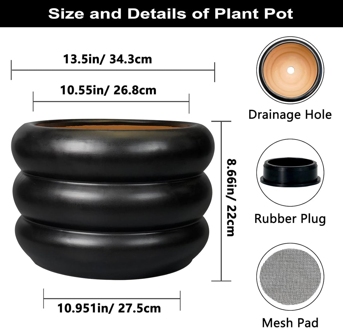 SQOWL Ceramic Flower Pot 13.5 Inch - Large Planter for Indoor Plants Outdoor Plant Pot with
