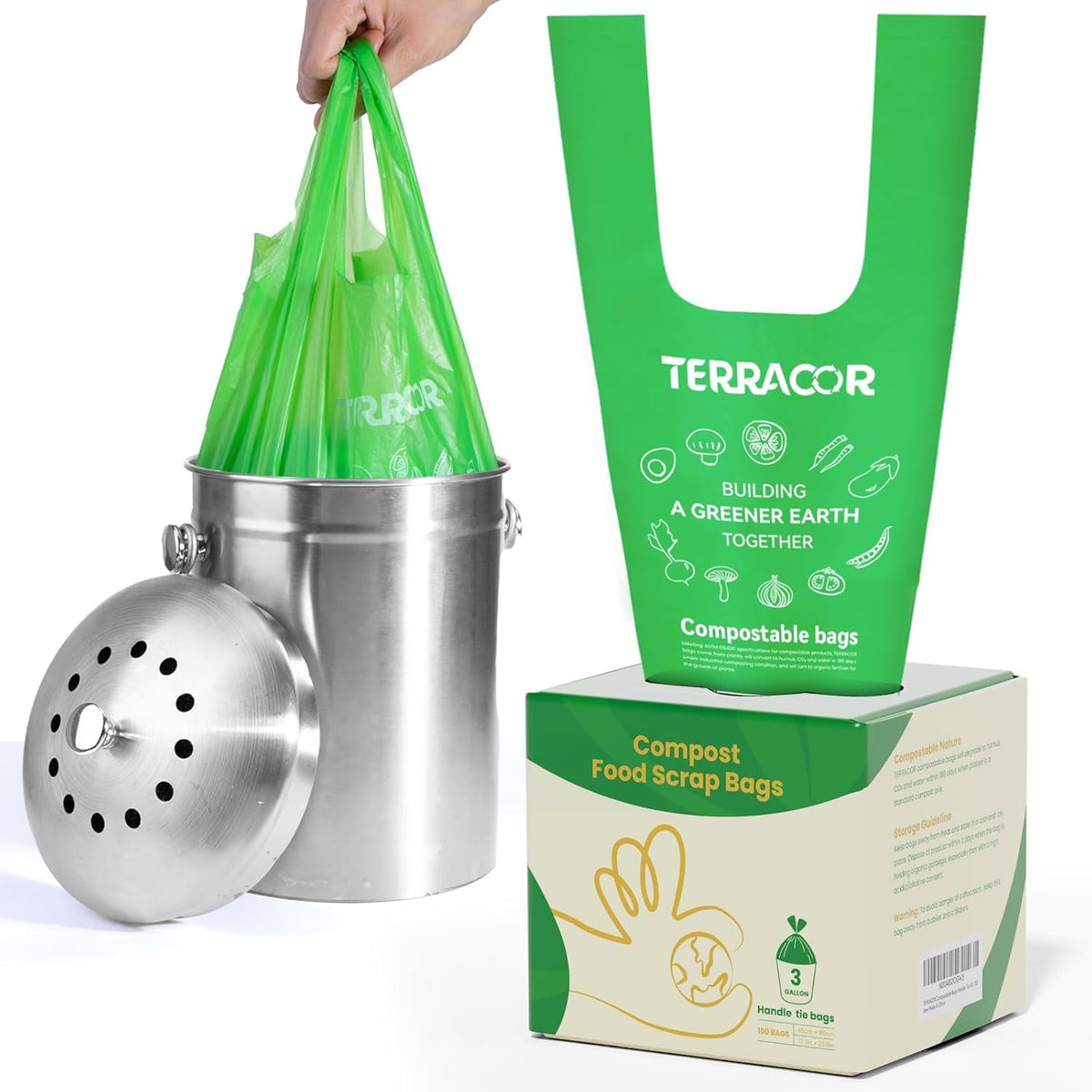 Compost Bags, Handle Tie Food Scrap Bags 3 Gallon,100 Count,Certified by BPI and ASTM D6400