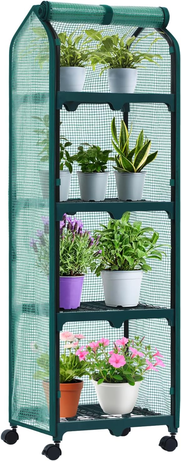 Ohuhu Mini Greenhouse for Indoor Outdoor, Small Plastic Plant Green House with Locking Wheels
