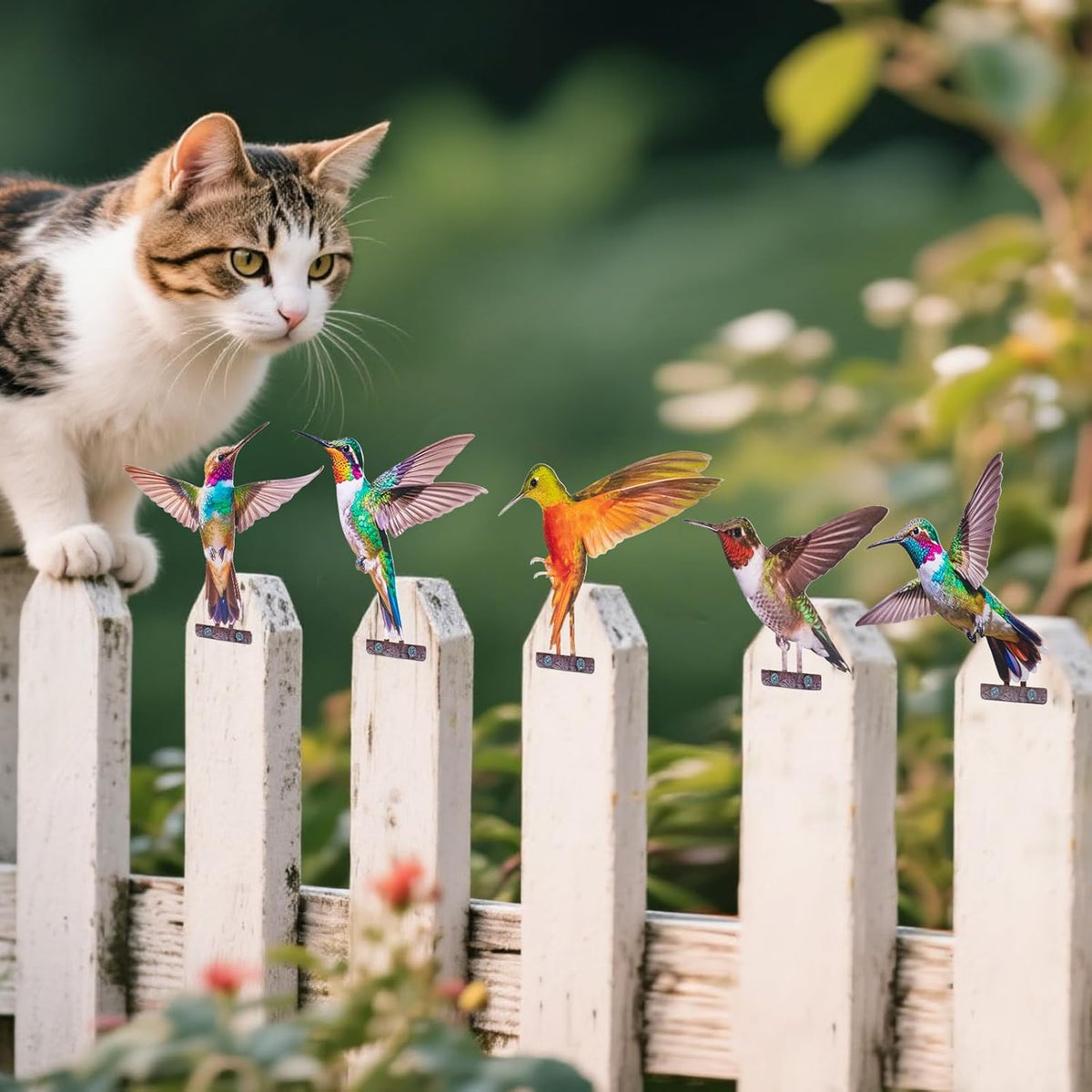HUYIENO 5PCS Vibrant Metal Bird Decorations Colorful 2D Garden Fence Ornaments for Outdoor Patio &