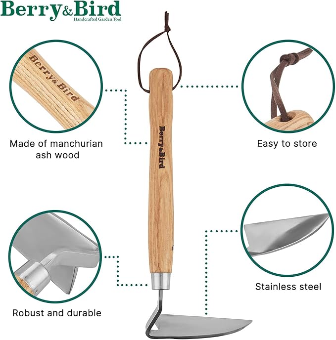 Berry&Bird Japanese Weeder-Scraper-Hoe, 12.67-Inch Gardening Sickle Hoe, Stainless Steel Bent Angle