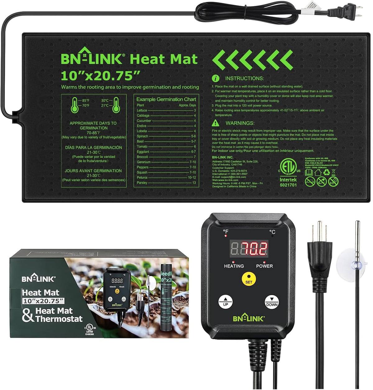 BN-LINK Seedling Heat Mat with Thermostat Controller Combo Set, 10" x 20.75" Plant Heating Mat for